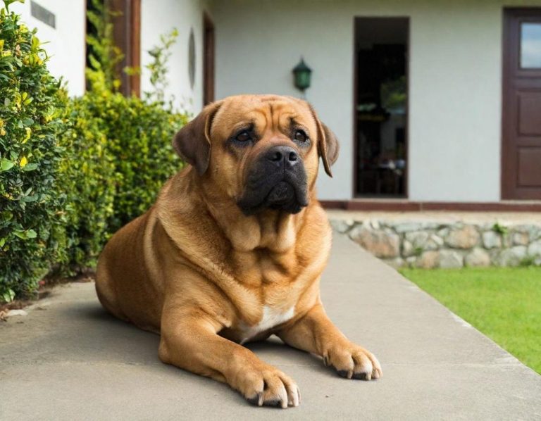 Dog Training A large, muscular dog lounging on a porch, with greenery in the background.