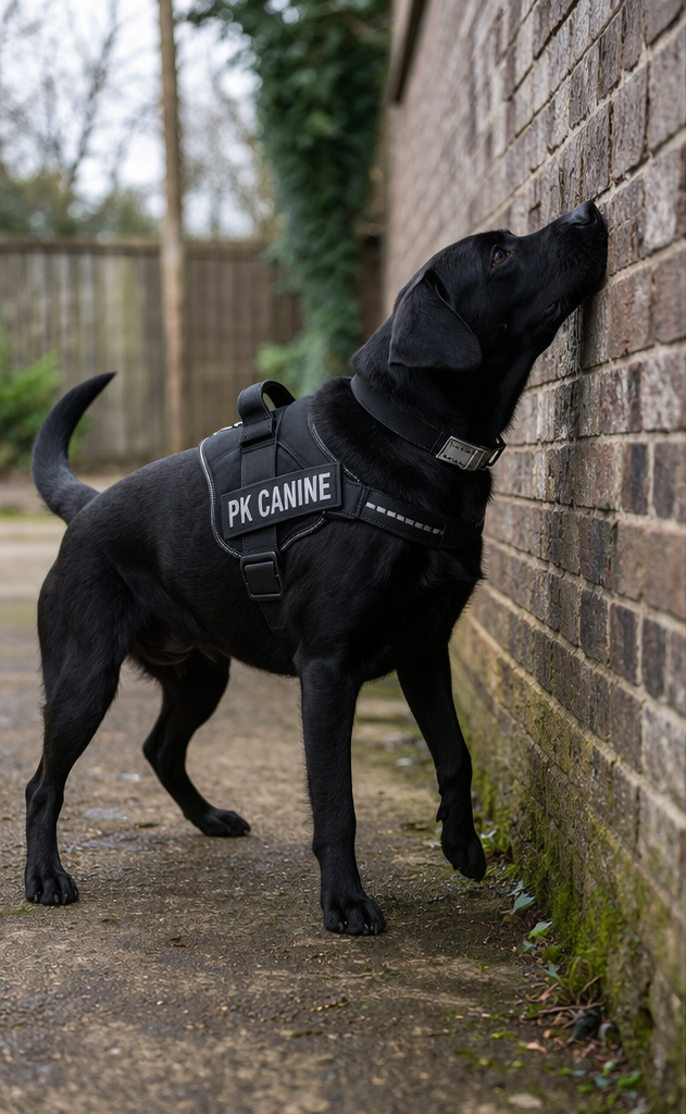 Dog Training Brown dog in a harness sitting calmly by a pathway and river.