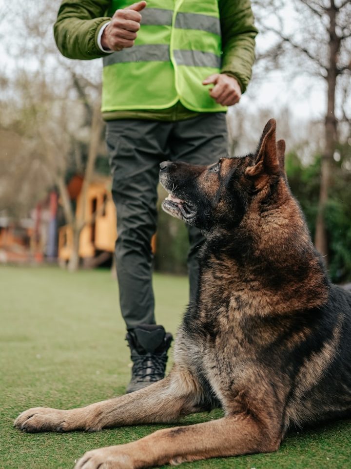 Person in a reflective vest stands near a lying German Shepherd dog outdoors.