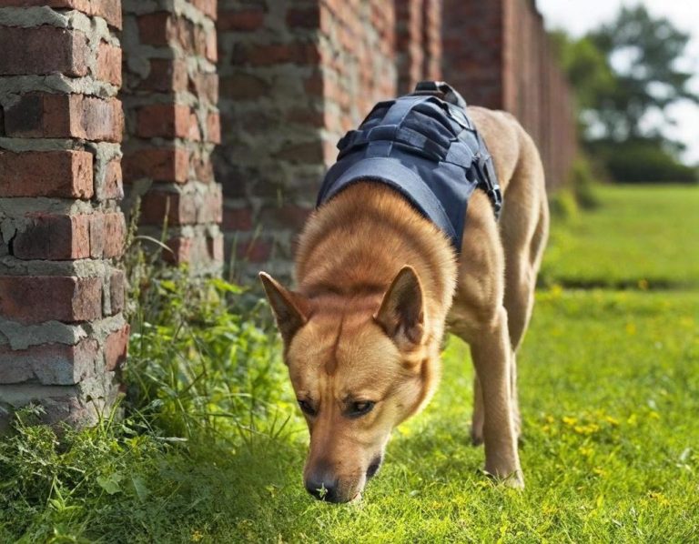 Dog Training Brown dog in a harness sitting calmly by a pathway and river.
